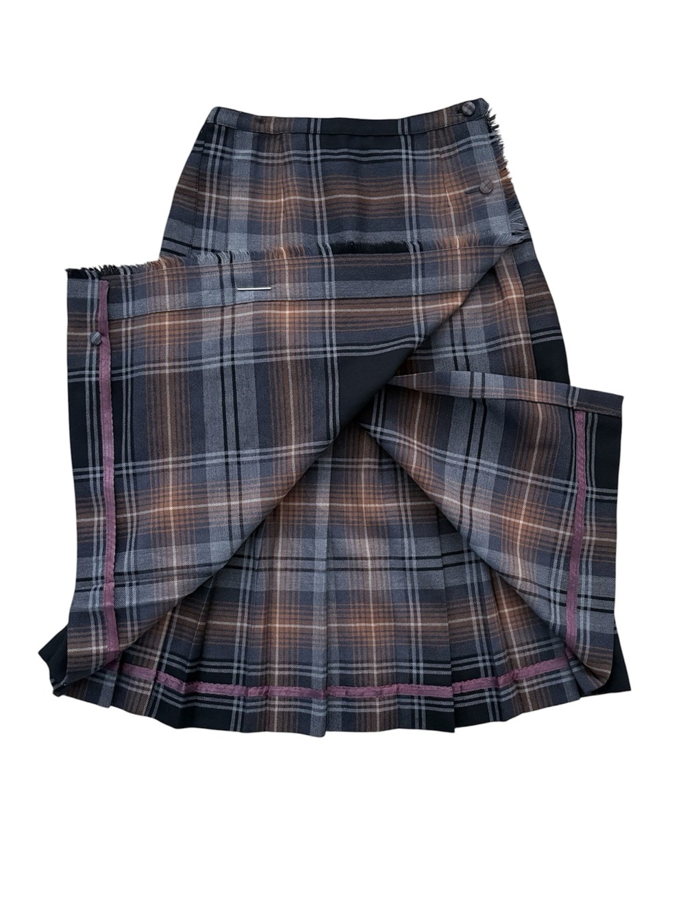 Vintage Tartan Plaid Wool Wrap Midi Kilt Skirt Canada Button Neutral Fits Size 6 - Picture 9 of 14